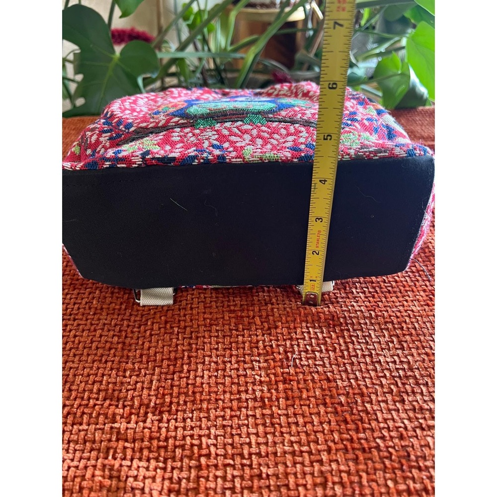 Vintage Whimsy Owl Tapestry Mini Backpack Red Floral Boho Woven Small Rucksack - Picture 7 of 13